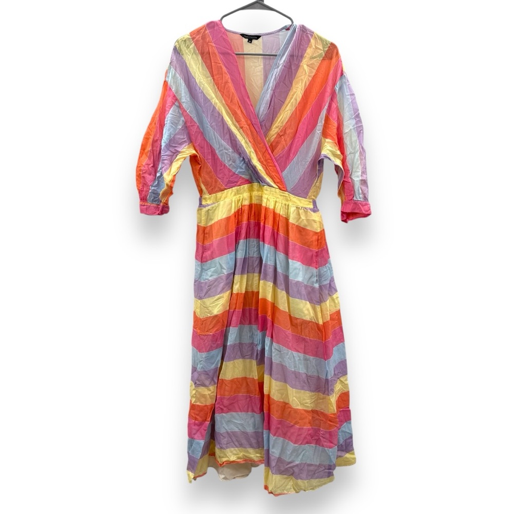 RTR Tara Jarmon Rainbow Colorful Stripey‎ 3/4 Sleeve Midi Dress Sz 38 / US 6 - Picture 2 of 13